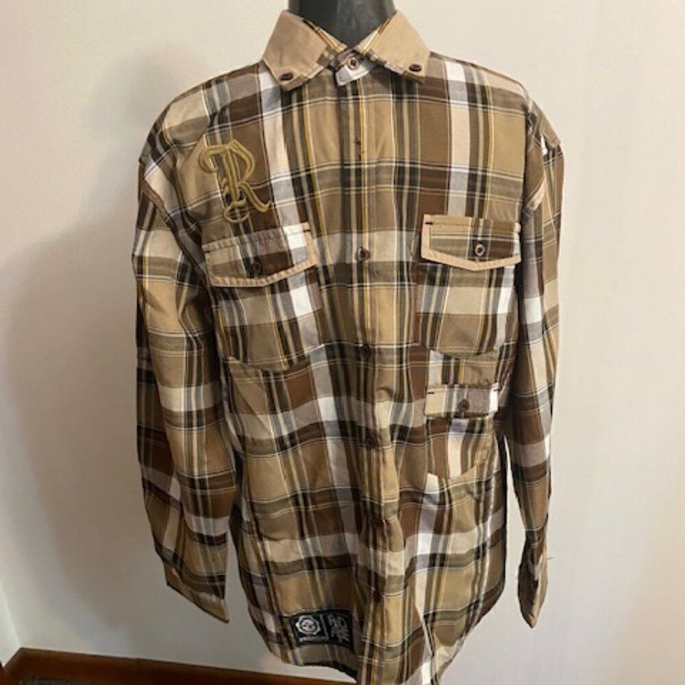 Red Ape Brown/Tan/Gold Plaid LOGO long sleeve shirt, size L